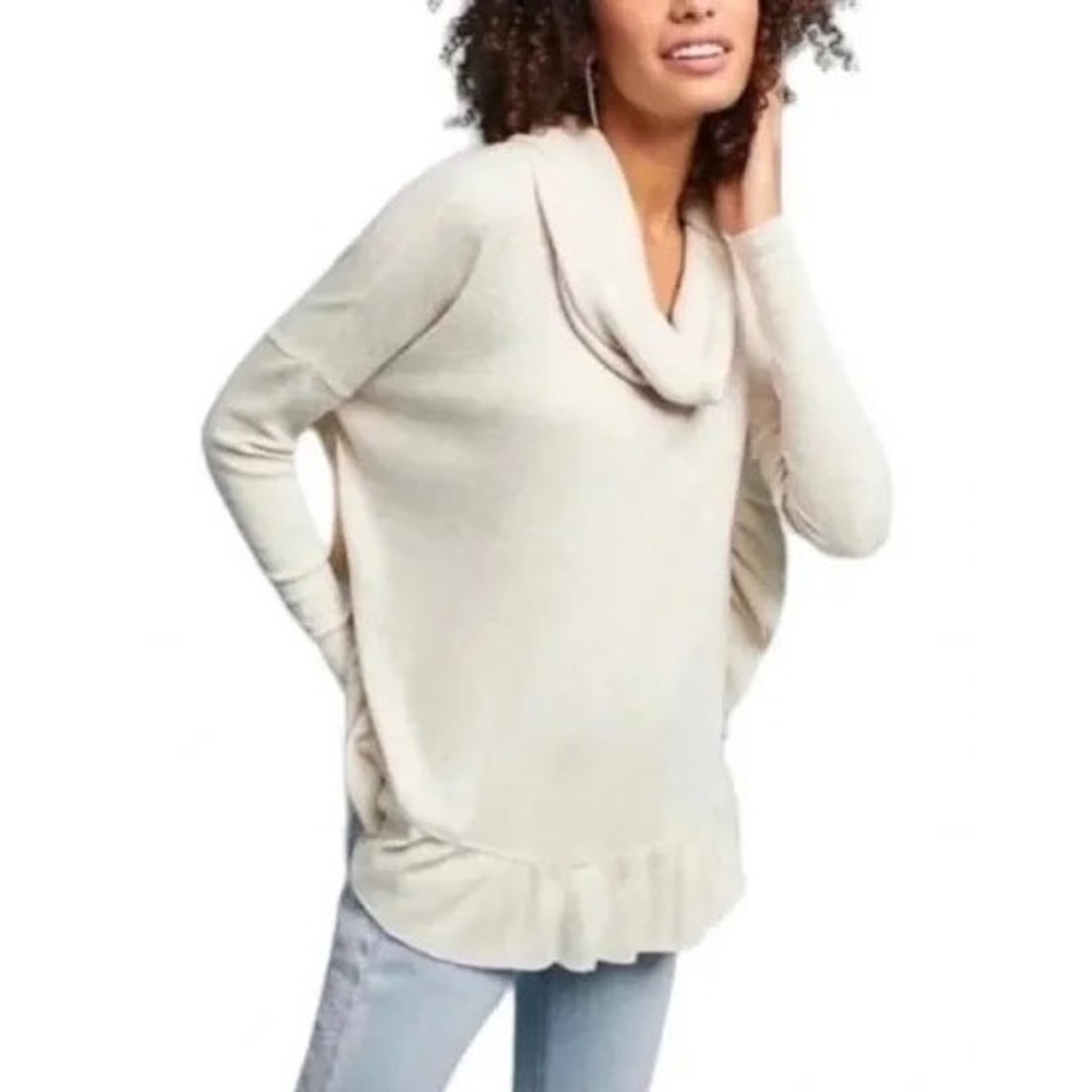 Anthropologie Postmark Cream Gold Metallic Ruffle Cowl Neck Sweater XS/S